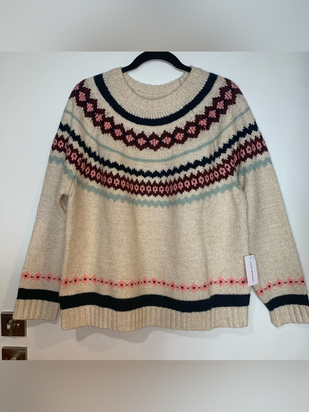 LUCKY Brand Women’s NWT Large Chunky Fair Isle Cream Long Sleeve Pullover Sweate